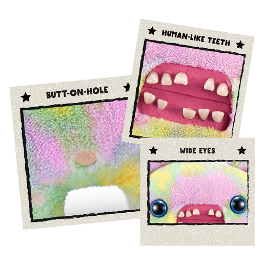 Three cards with monster parts labeled 'Butt-on-hole', 'Human-like Teeth', and 'Wide Eyes' on a white background. Fuggler Bigg Fugg Screech plush by ZURU, 18-inch