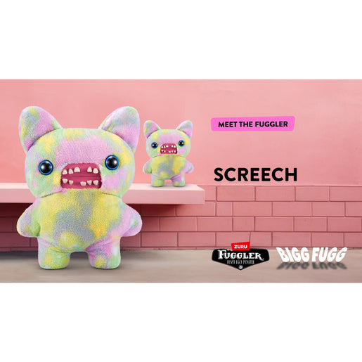 Colorful plush toy with a pink background and branding elements. Fuggler Bigg Fugg Screech plush by ZURU, 18-inch