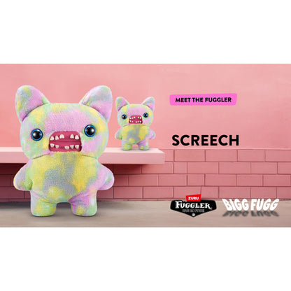 Colorful plush toy with a pink background and branding elements. Fuggler Bigg Fugg Screech plush by ZURU, 18-inch