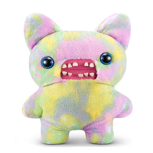 Colorful plush toy with a tie-dye pattern on a white background. Fuggler Bigg Fugg Screech plush by ZURU, 18-inch