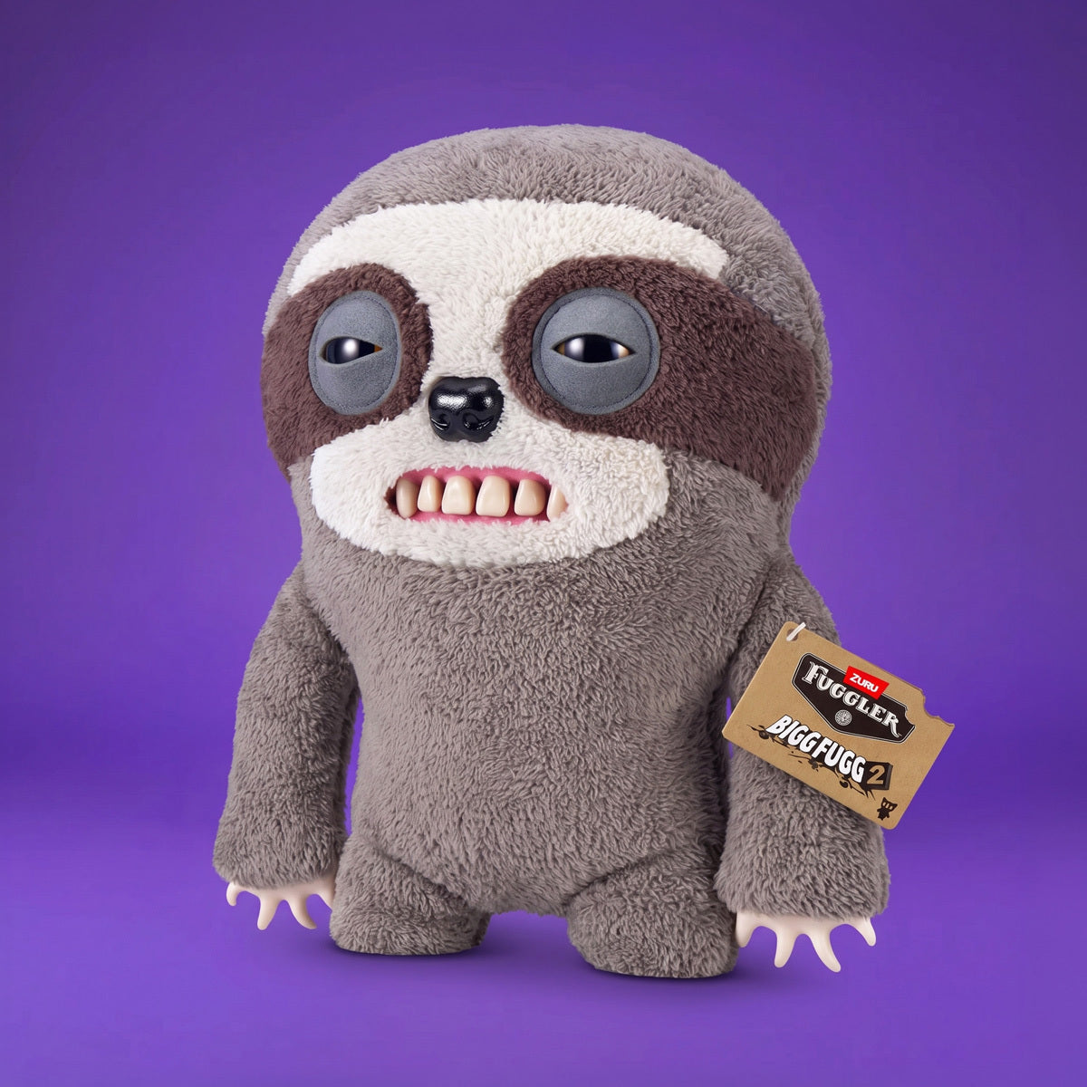 Fuggler Bigg Fugg Sickening Sloth 18-Inch Plush featuring fuzzy grey and brown fur, human-like teeth, and a sleepy, heavy-lidded expression.