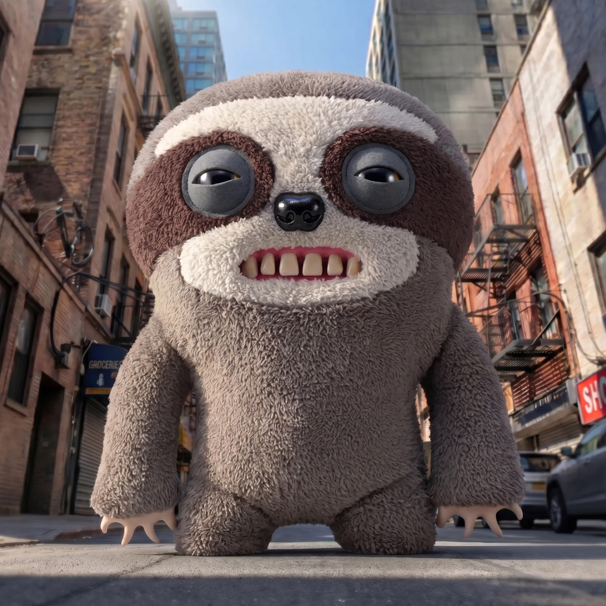 Plush toy sloth on a city street