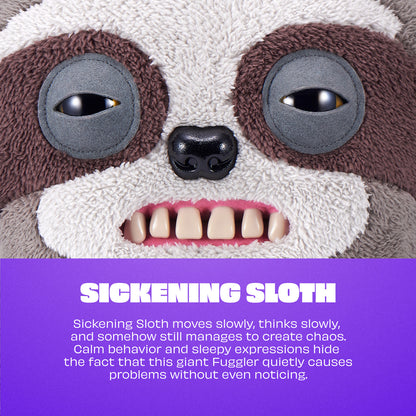 Close-up of a plush toy sloth with a humorous description below.
