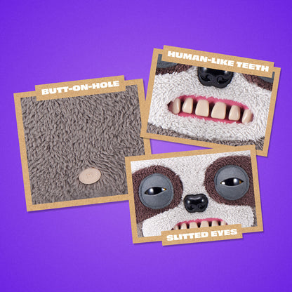 Three components of a creature design on a purple background: 'Butt-on-hole', 'Human-like Teeth', and 'Slitted Eyes'.
