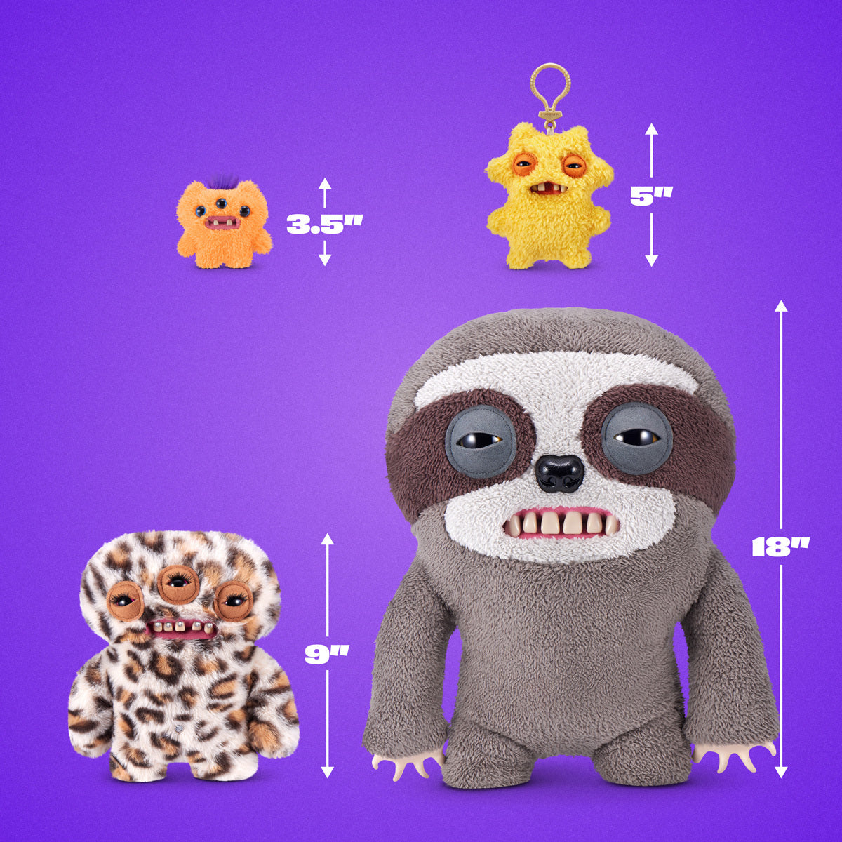 Plush sloth toys with size measurements on a purple background