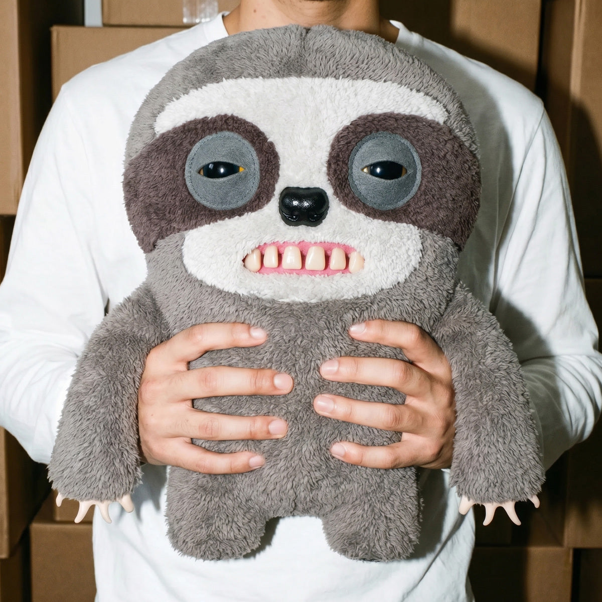 Person holding a Fuggler Bigg Fugg Sickening Sloth 18-Inch Plush featuring fuzzy grey and brown fur, human-like teeth, and a sleepy, heavy-lidded expression.