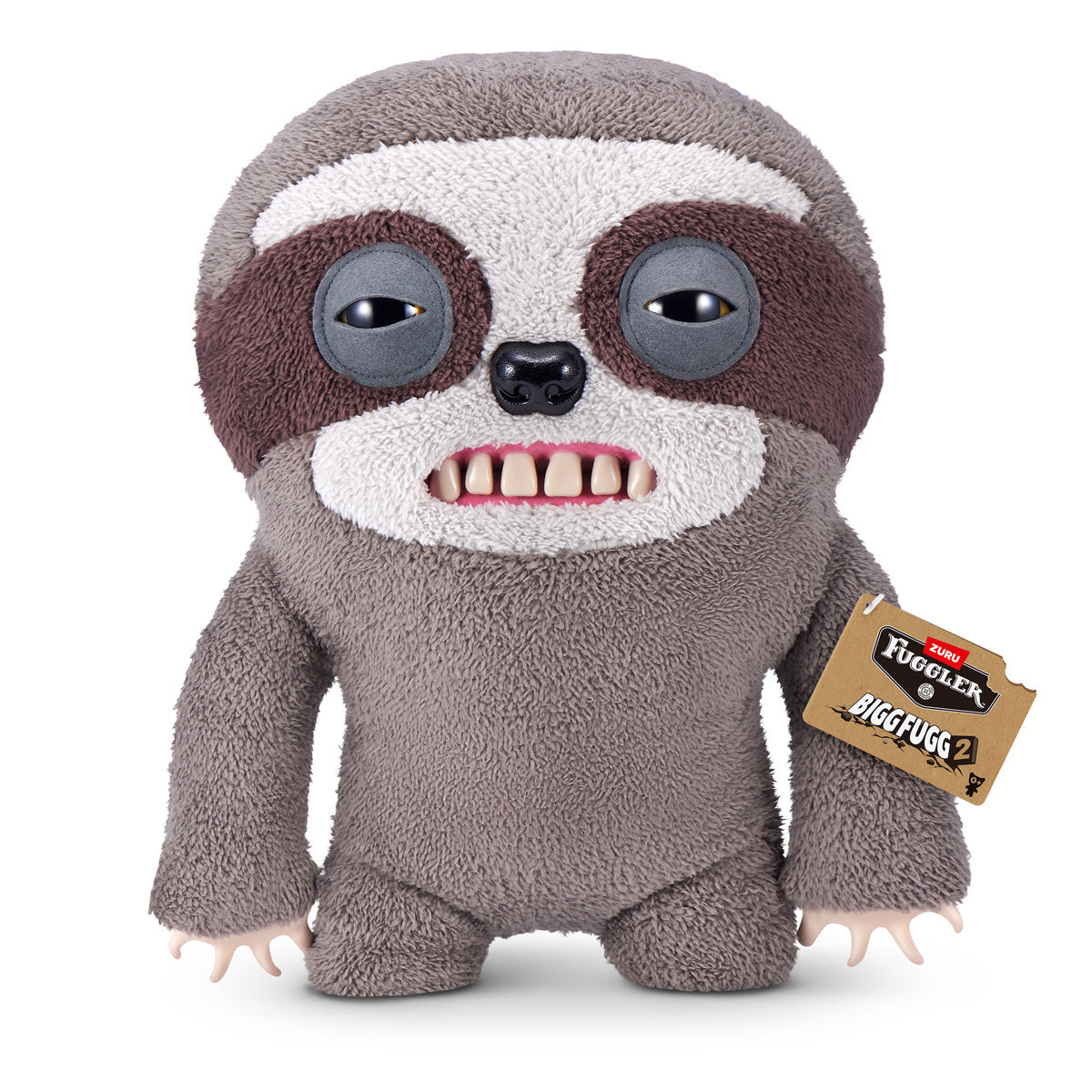 Fuggler Bigg Fugg Sickening Sloth 18-Inch Plush featuring fuzzy grey and brown fur, human-like teeth, and a sleepy, heavy-lidded expression.