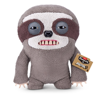 Fuggler Bigg Fugg Sickening Sloth 18-Inch Plush featuring fuzzy grey and brown fur, human-like teeth, and a sleepy, heavy-lidded expression.
