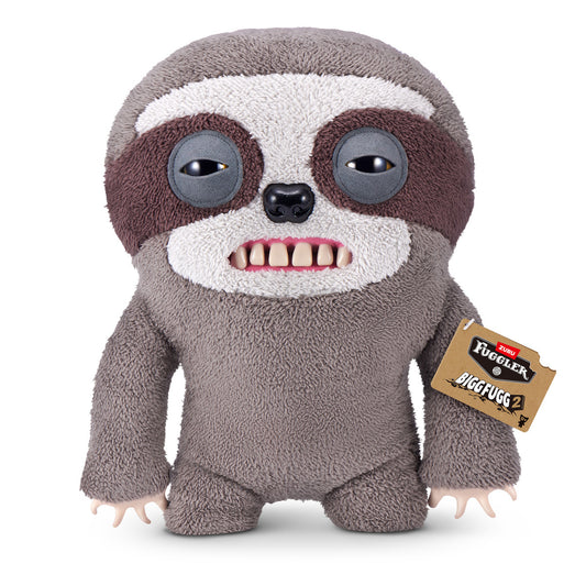 Fuggler Bigg Fugg Sickening Sloth 18-Inch Plush featuring fuzzy grey and brown fur, human-like teeth, and a sleepy, heavy-lidded expression.