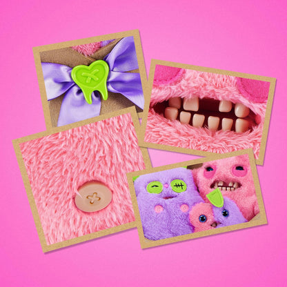 Collage of pink and purple plush toys with a button and a mouth on a pink background