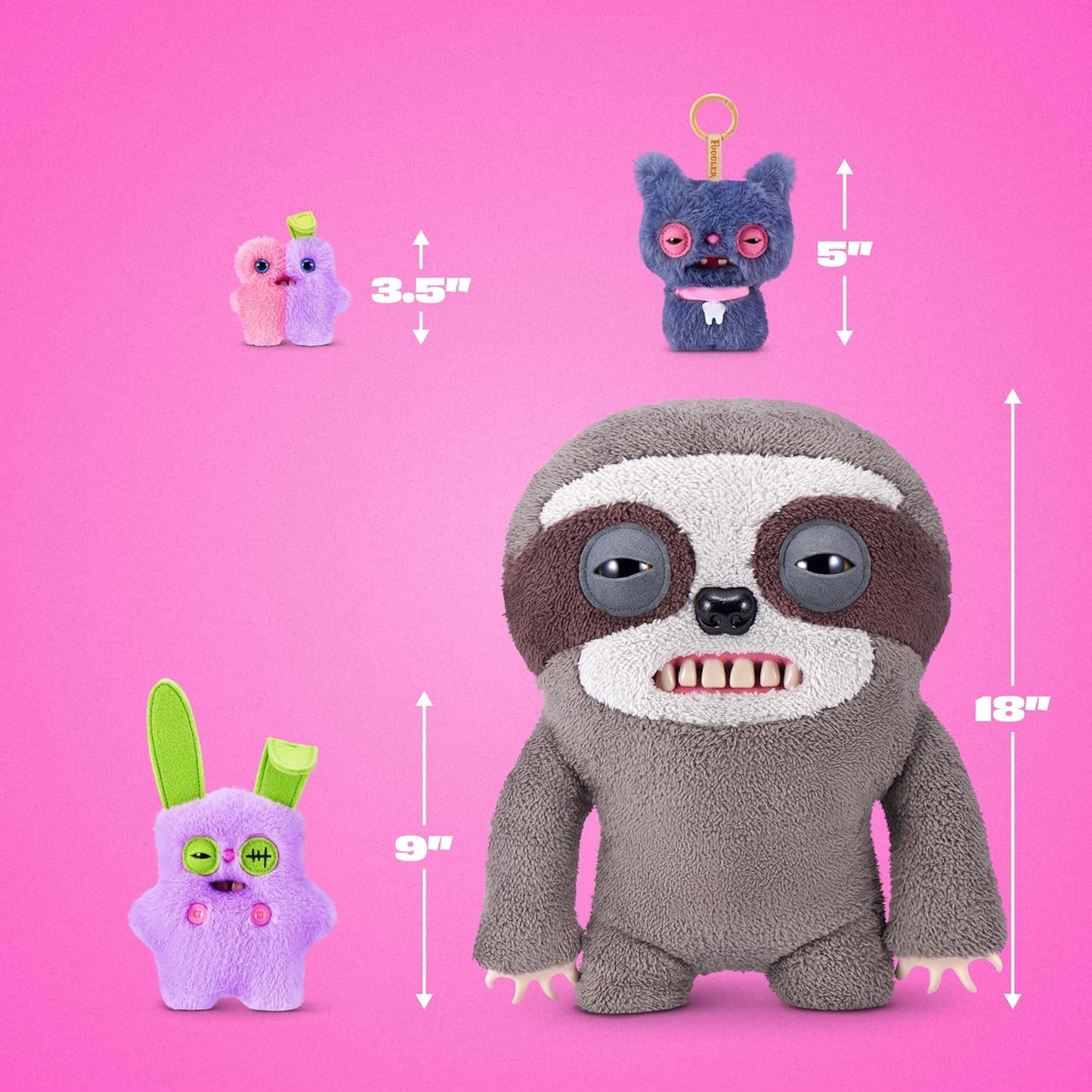 Plush toy sloth with measurements on a pink background