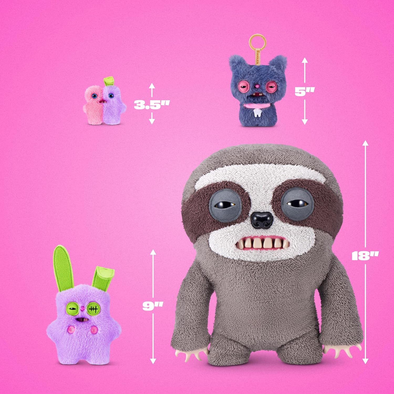 Plush toy sloth with measurements on a pink background