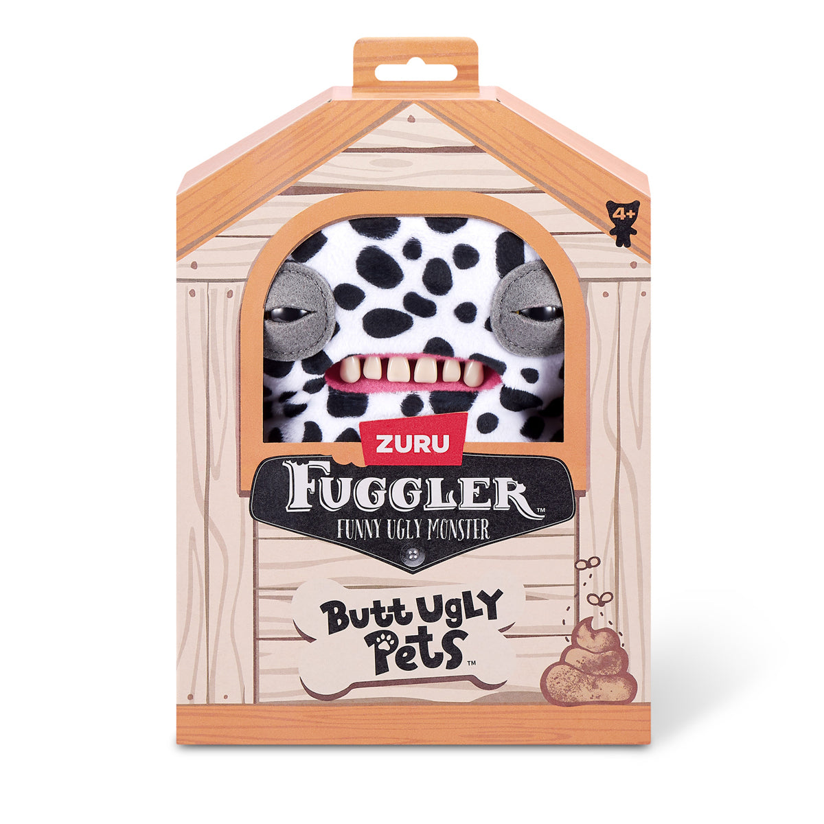 A 9-inch Fuggler Butt Ugly Pet (Annoyed Alien Dalmatian) plush toy. It has white fabric with black Dalmatian spots, long floppy ears, squinting grey eyelids, and a mouth with realistic human teeth in a display box. 