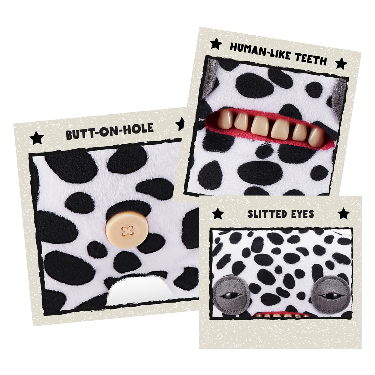 Three components of A 9-inch Fuggler Butt Ugly Pet (Annoyed Alien Dalmatian) plush toy. It has white fabric with black Dalmatian spots, long floppy ears, squinting grey eyelids, and a mouth with realistic human teeth.