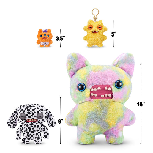 Size comparison chart for A 9-inch Fuggler Butt Ugly Pet (Annoyed Alien Dalmatian) plush toy. It has white fabric with black Dalmatian spots, long floppy ears, squinting grey eyelids, and a mouth with realistic human teeth.