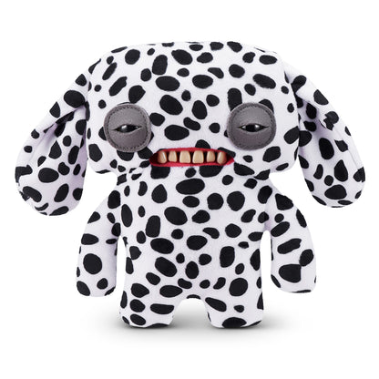 A 9-inch Fuggler Butt Ugly Pet (Annoyed Alien Dalmatian) plush toy. It has white fabric with black Dalmatian spots, long floppy ears, squinting grey eyelids, and a mouth with realistic human teeth.