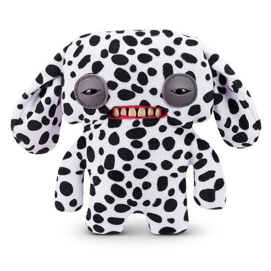 A 9-inch Fuggler Butt Ugly Pet (Annoyed Alien Dalmatian) plush toy. It has white fabric with black Dalmatian spots, long floppy ears, squinting grey eyelids, and a mouth with realistic human teeth.