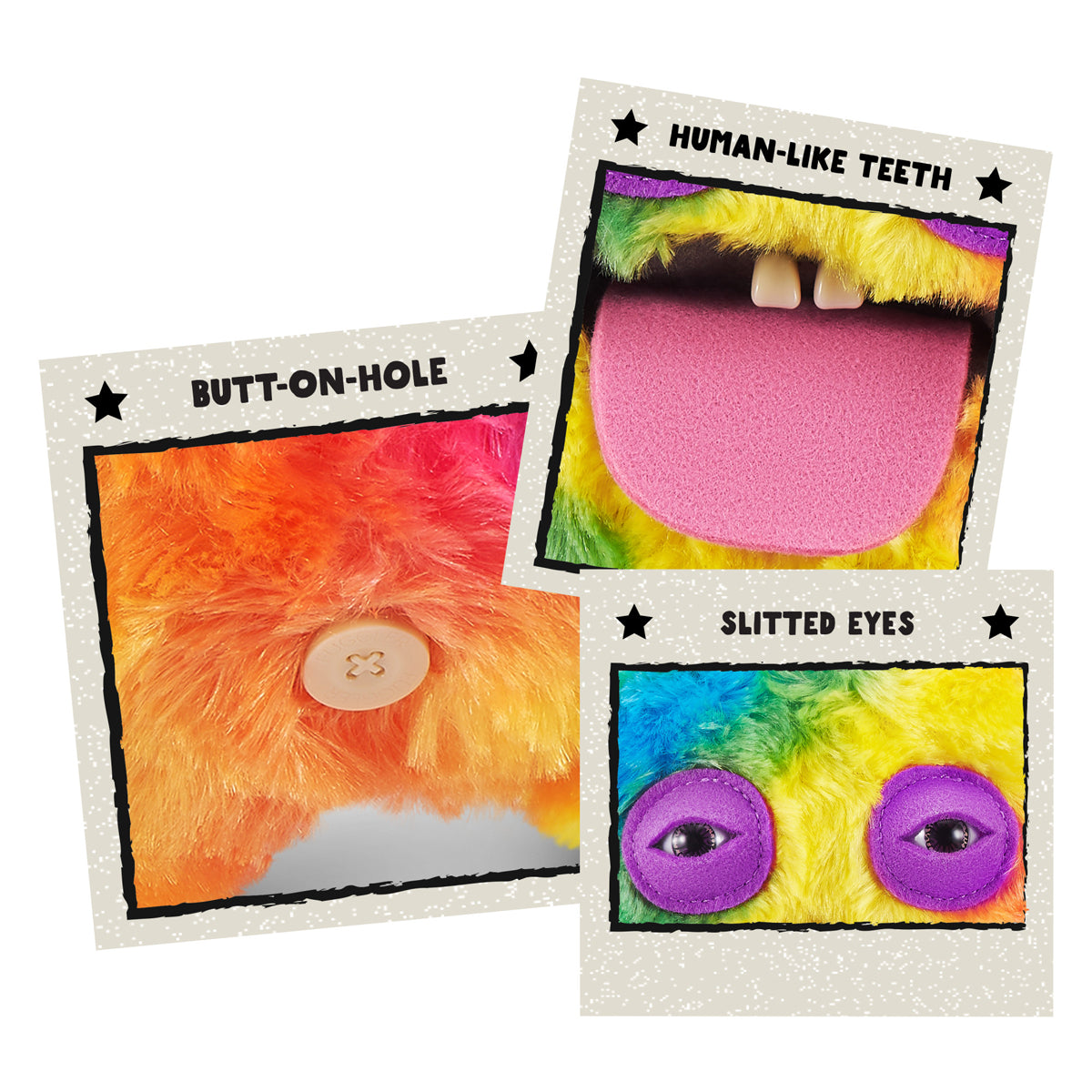 Close up of features for A 9-inch Fuggler Butt Ugly Pet (Cheeky Chonky Guinea Pig) plush toy. It has shaggy rainbow-colored fur, pointy purple ears, squinting purple eyelids, two human-like teeth, and a large pink felt tongue sticking out.