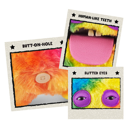 Close up of features for A 9-inch Fuggler Butt Ugly Pet (Cheeky Chonky Guinea Pig) plush toy. It has shaggy rainbow-colored fur, pointy purple ears, squinting purple eyelids, two human-like teeth, and a large pink felt tongue sticking out.