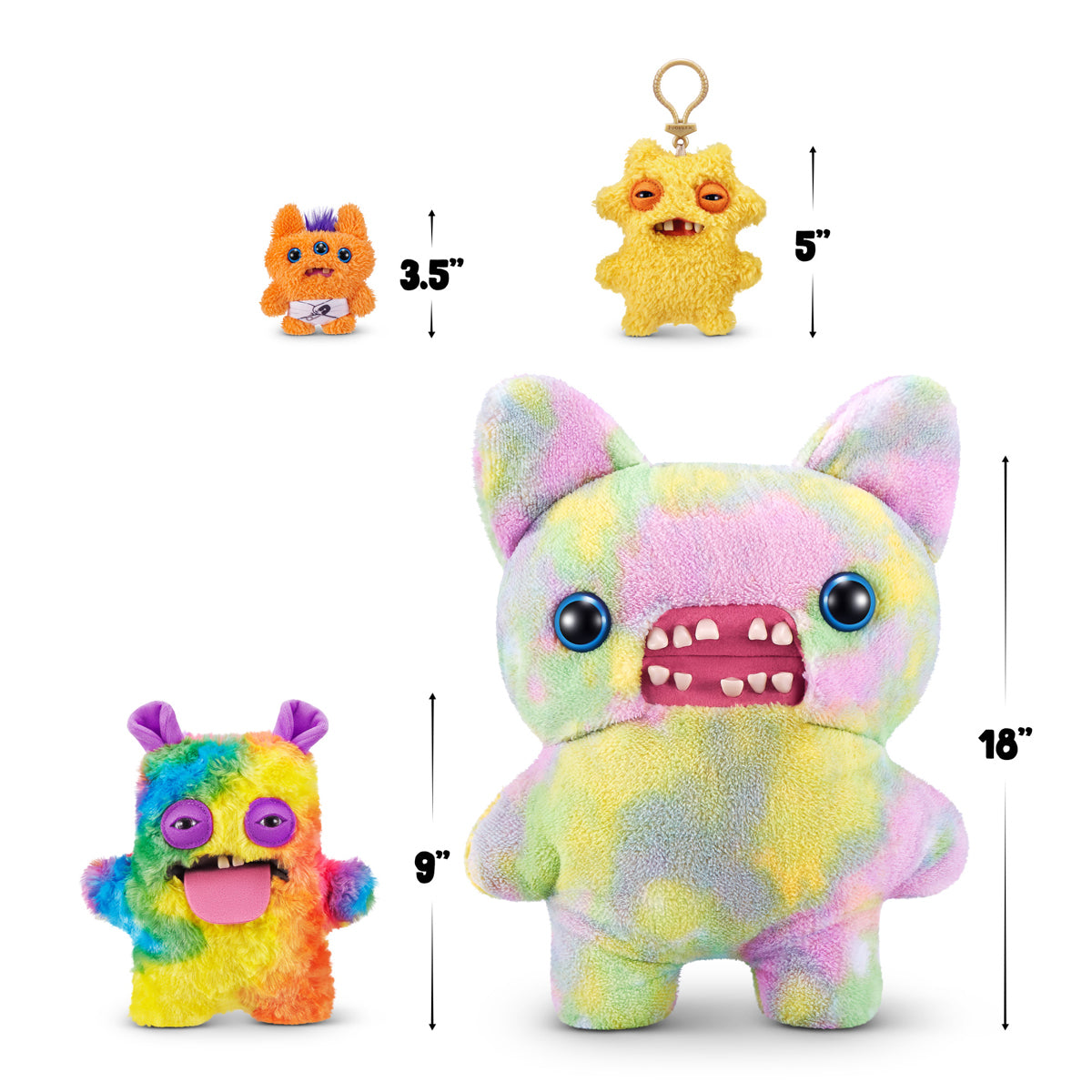 Fuggler size comparison for A 9-inch Fuggler Butt Ugly Pet (Cheeky Chonky Guinea Pig) plush toy. It has shaggy rainbow-colored fur, pointy purple ears, squinting purple eyelids, two human-like teeth, and a large pink felt tongue sticking out.