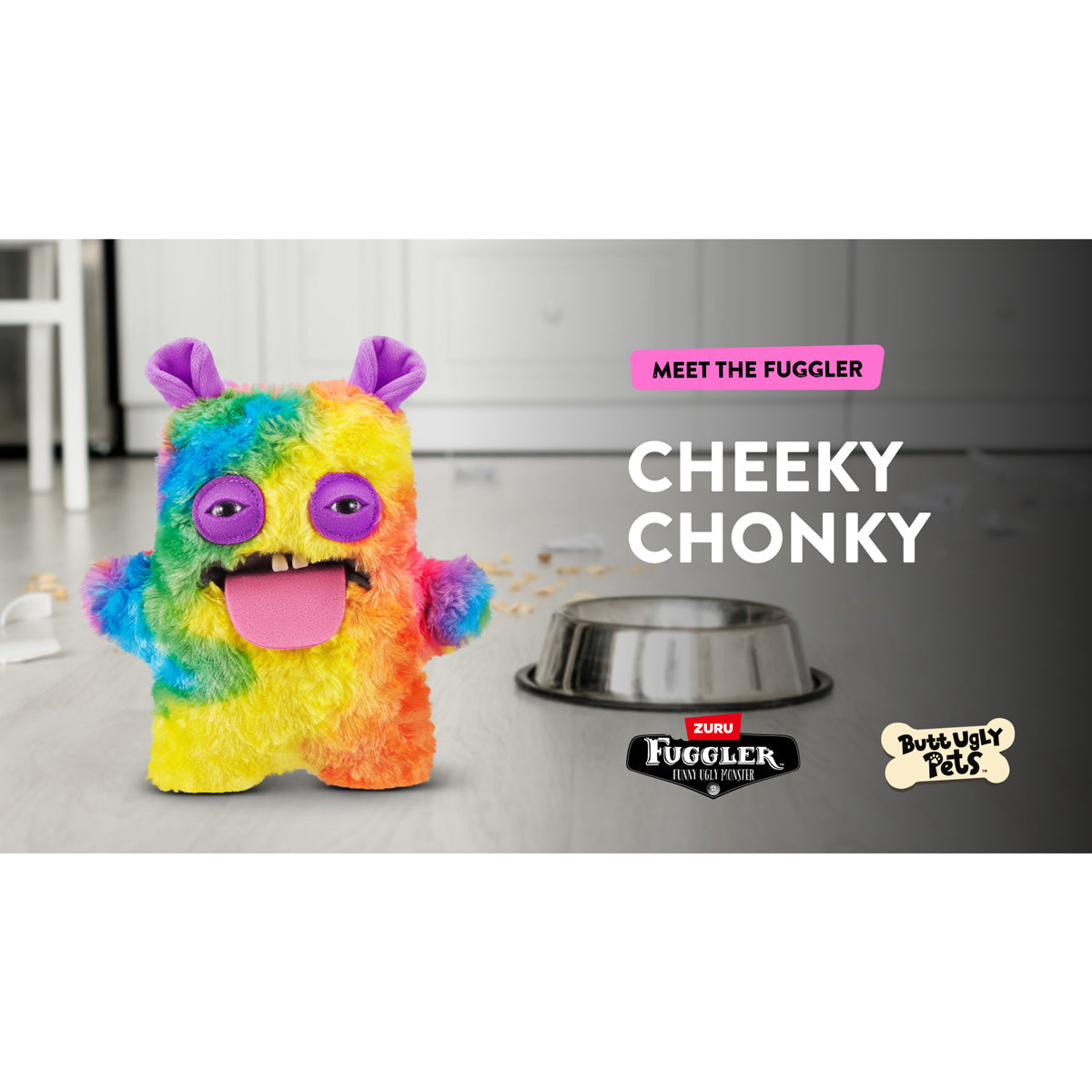 Colorful plush toy with 'Meet the Fuggler' text and 'Cheeky Chonky' branding.