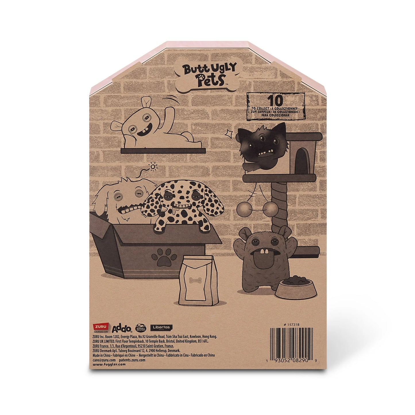 Back of display box for A 9-inch Fuggler Butt Ugly Pet (Cheeky Chonky Guinea Pig) plush toy. It has shaggy rainbow-colored fur, pointy purple ears, squinting purple eyelids, two human-like teeth, and a large pink felt tongue sticking out.