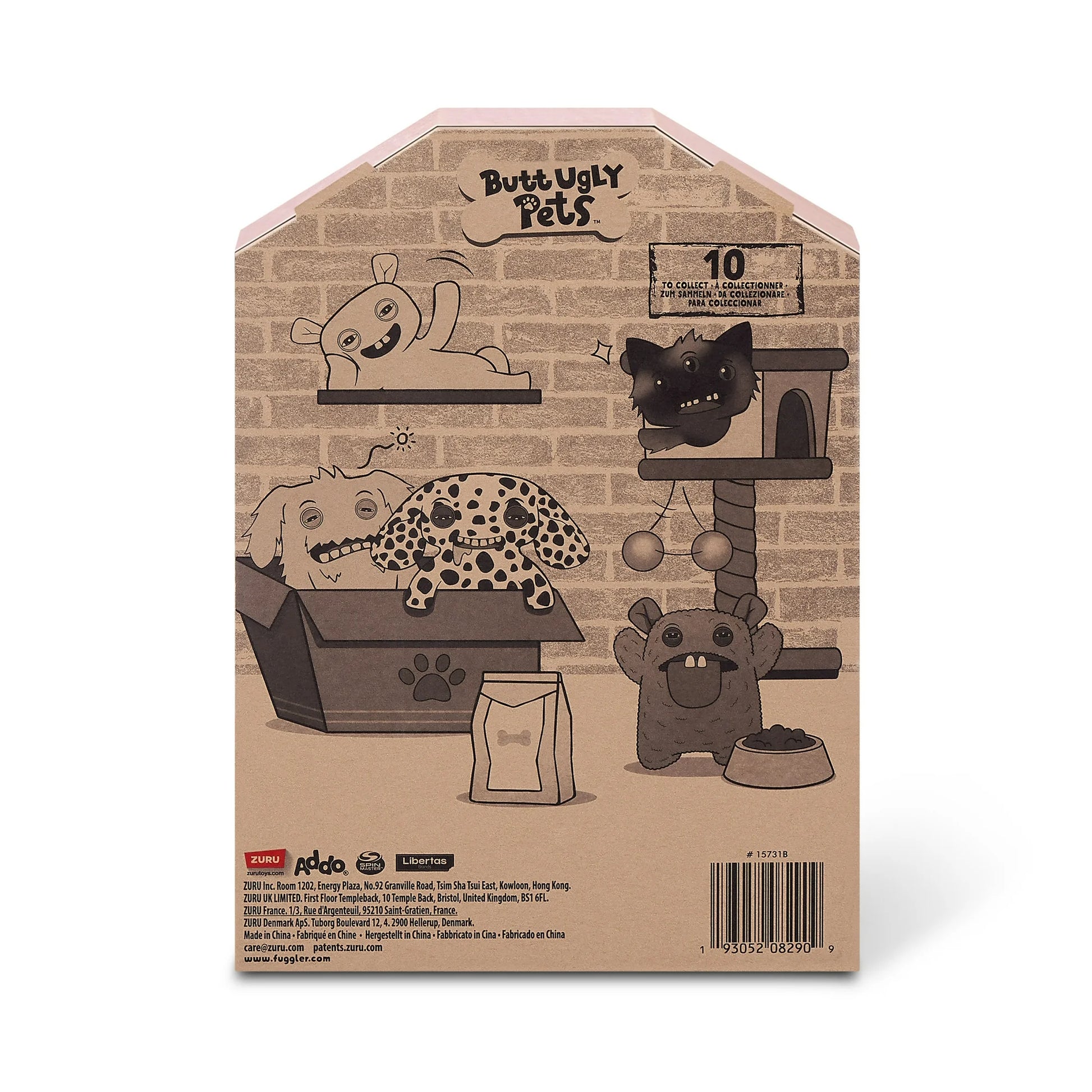 Back of display box for A 9-inch Fuggler Butt Ugly Pet (Cheeky Chonky Guinea Pig) plush toy. It has shaggy rainbow-colored fur, pointy purple ears, squinting purple eyelids, two human-like teeth, and a large pink felt tongue sticking out.