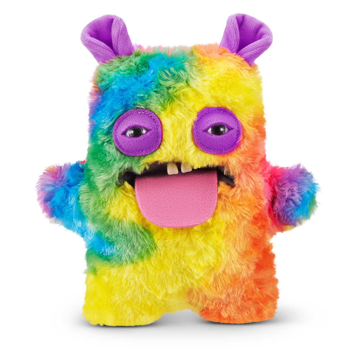 A 9-inch Fuggler Butt Ugly Pet (Cheeky Chonky Guinea Pig) plush toy. It has shaggy rainbow-colored fur, pointy purple ears, squinting purple eyelids, two human-like teeth, and a large pink felt tongue sticking out.