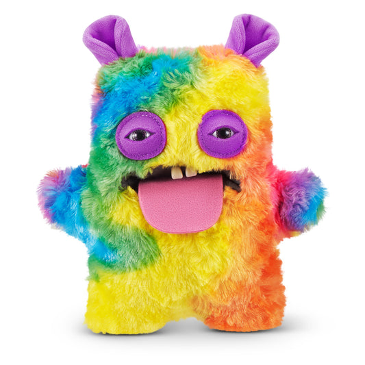 A 9-inch Fuggler Butt Ugly Pet (Cheeky Chonky Guinea Pig) plush toy. It has shaggy rainbow-colored fur, pointy purple ears, squinting purple eyelids, two human-like teeth, and a large pink felt tongue sticking out.