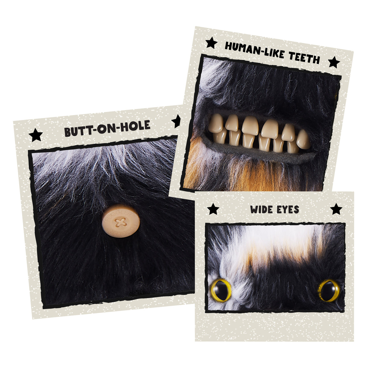 Close up of features for A 9-inch Fuggler Butt Ugly Pet (Cheezee Calico Cat) plush toy. It has shaggy calico fur (black, white, orange), mismatched ears, wide yellow eyes, and a full set of realistic human teeth.