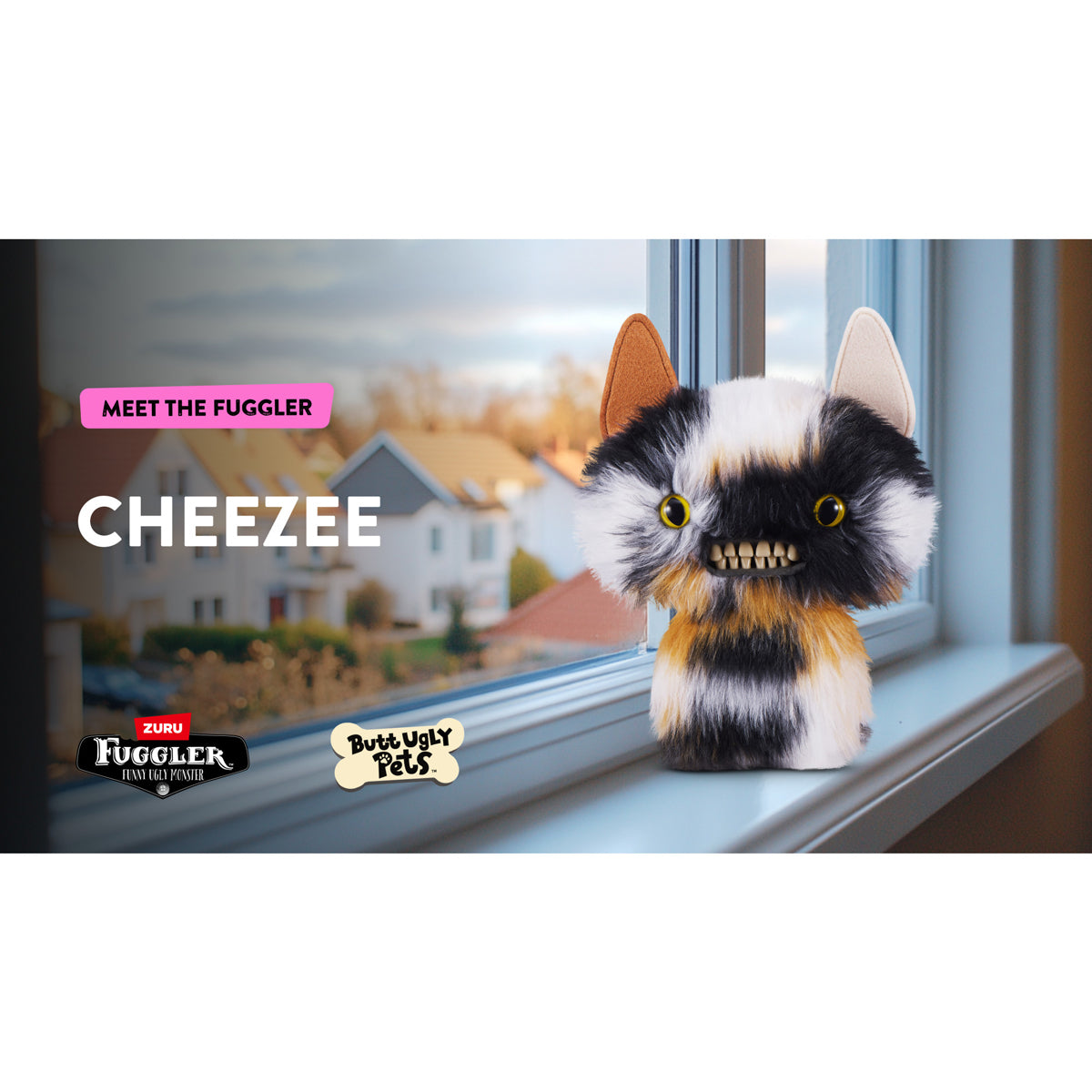 Plush toy resembling a cat with a window and neighborhood view in the background