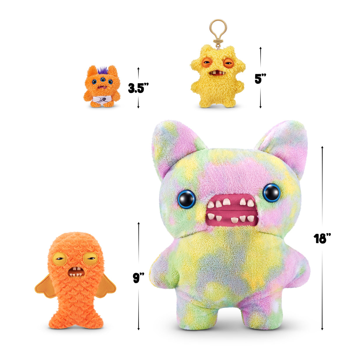 Fuggler size comparison for A 9-inch Fuggler Butt Ugly Pet (Cod Father Gold Fish) plush toy. It is shaggy and orange, shaped like a fish, with side fins, squinting yellow-lidded eyes, and a mouth with realistic human teeth.