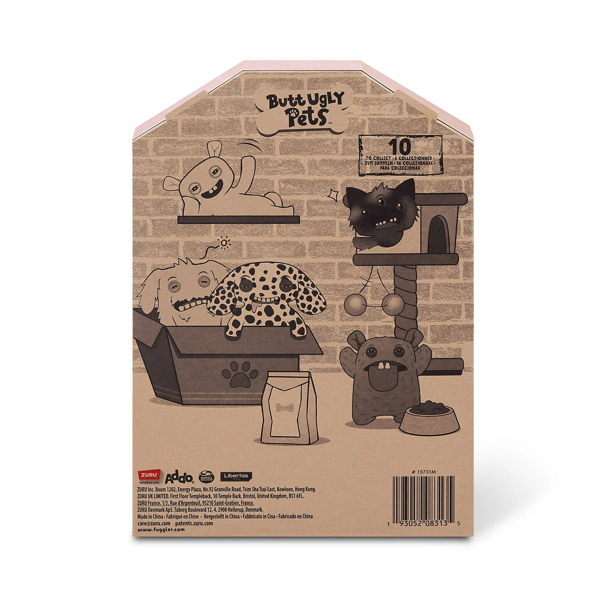 Back of display box for A 9-inch Fuggler Butt Ugly Pet (Cod Father Gold Fish) plush toy. It is shaggy and orange, shaped like a fish, with side fins, squinting yellow-lidded eyes, and a mouth with realistic human teeth.