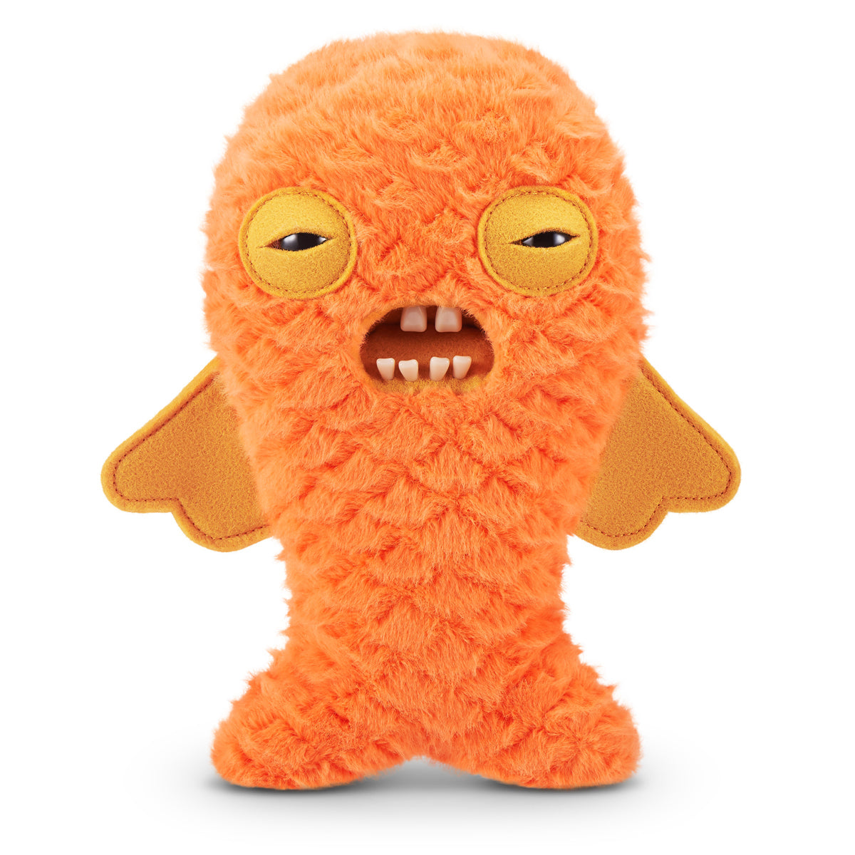 A 9-inch Fuggler Butt Ugly Pet (Cod Father Gold Fish) plush toy. It is shaggy and orange, shaped like a fish, with side fins, squinting yellow-lidded eyes, and a mouth with realistic human teeth.
