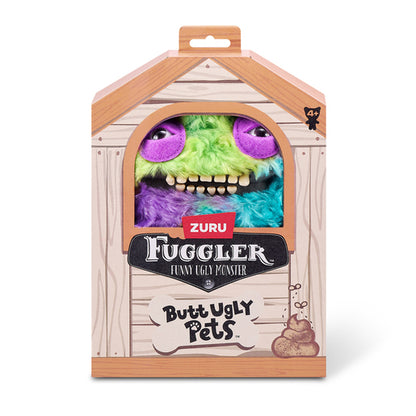 A 9-inch Fuggler Butt Ugly Pet (Count Underoo McGoo Cockapoo) plush toy. It has shaggy, multi-colored tie-dye fur (green, blue, purple), long floppy ears, squinting purple eyelids, and a wide mouth full of realistic human teeth in a display box. 