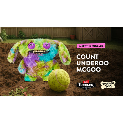Colorful toy resembling a dog with a tennis ball on a dirt patch, featuring branding for 'Fuggler' and 'Butt Ugly Pets'.
