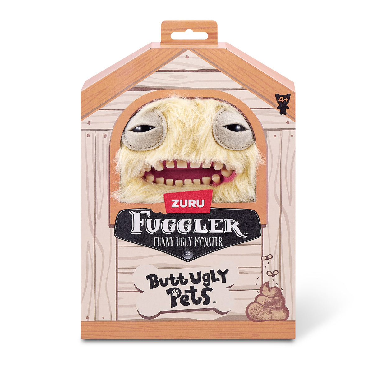 A 9-inch Fuggler Butt Ugly Pet (Mr Buttons Golden Retriever) plush toy. It has shaggy, light golden-yellow fur, very large floppy ears, squinting eyes, and a wide mouth full of realistic human teeth in display box. 