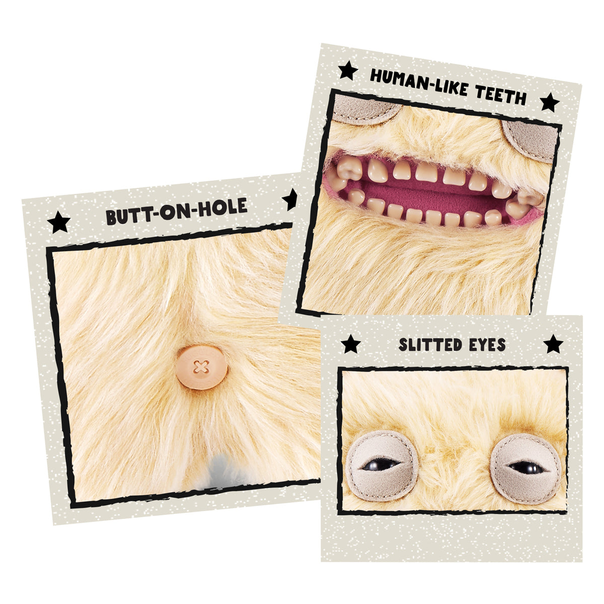 Three cards showing different parts of A 9-inch Fuggler Butt Ugly Pet (Mr Buttons Golden Retriever) plush toy. It has shaggy, light golden-yellow fur, very large floppy ears, squinting eyes, and a wide mouth full of realistic human teeth.