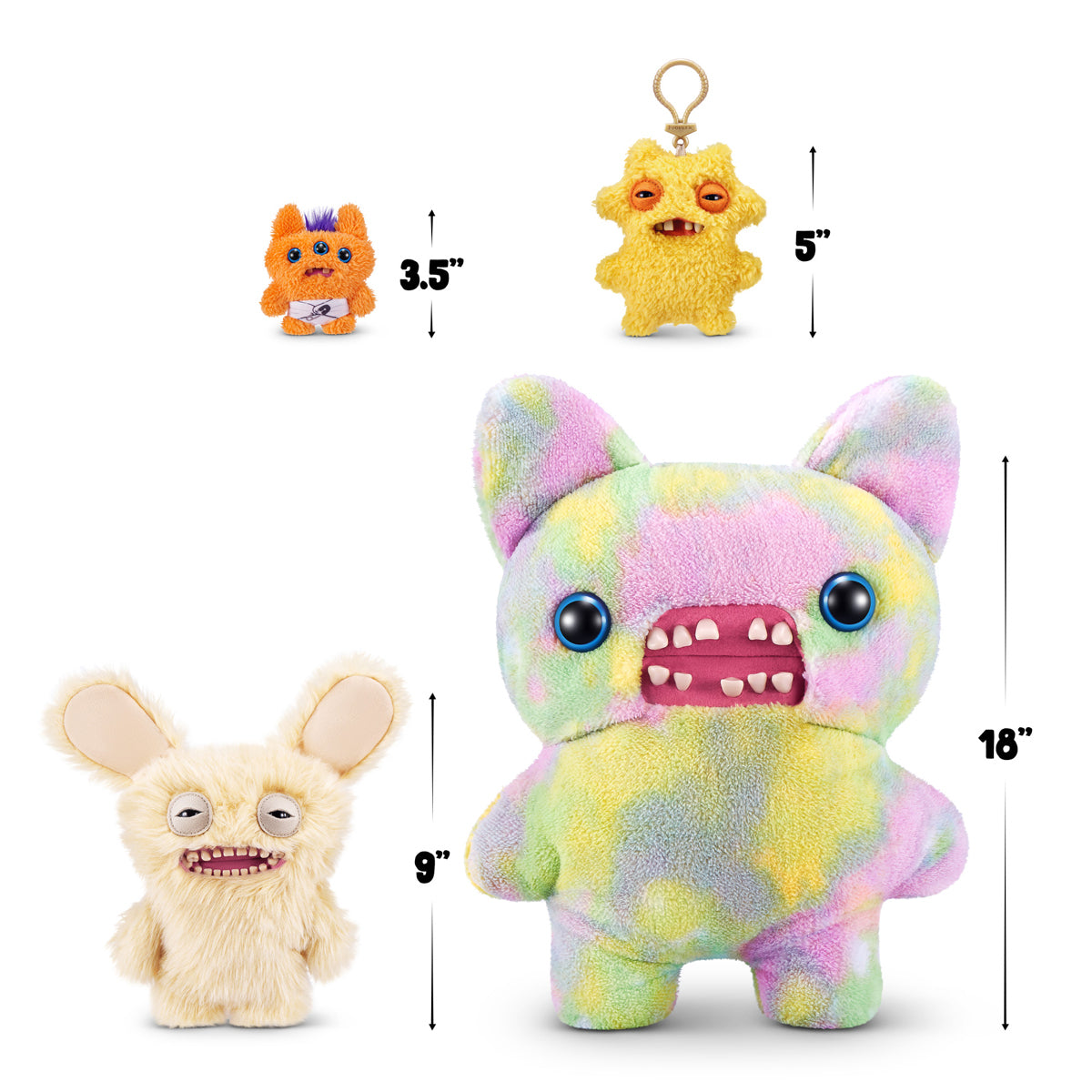 Size comparison for A 9-inch Fuggler Butt Ugly Pet (Mr Buttons Golden Retriever) plush toy. It has shaggy, light golden-yellow fur, very large floppy ears, squinting eyes, and a wide mouth full of realistic human teeth.