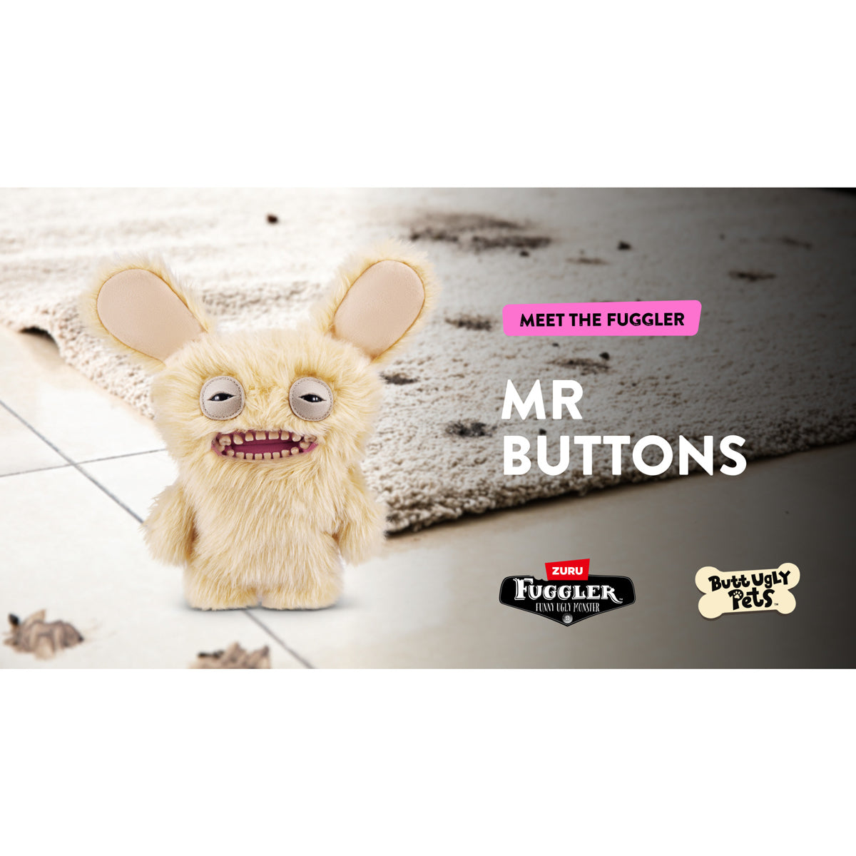 A 9-inch Fuggler Butt Ugly Pet (Mr Buttons Golden Retriever) plush toy. It has shaggy, light golden-yellow fur, very large floppy ears, squinting eyes, and a wide mouth full of realistic human teeth. on a tile floor with  "Meet the Fugglers" and Zuru branding. 