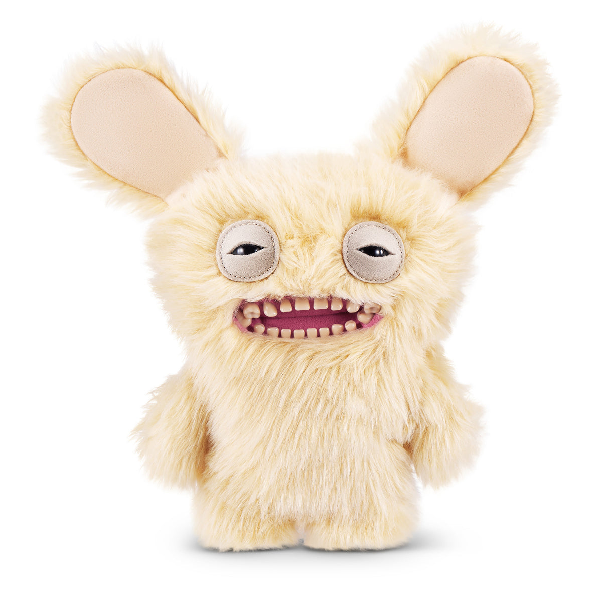 A 9-inch Fuggler Butt Ugly Pet (Mr Buttons Golden Retriever) plush toy. It has shaggy, light golden-yellow fur, very large floppy ears, squinting eyes, and a wide mouth full of realistic human teeth.