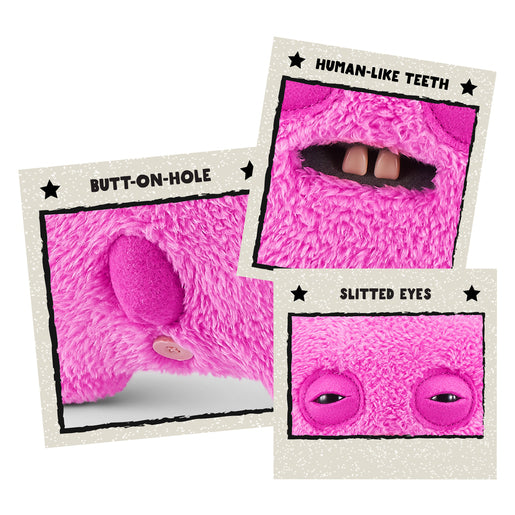 Close up of features for A 9-inch Fuggler Butt Ugly Pet (Rabid Rabbit Bunny) plush toy. It has shaggy, bright pink fur, long floppy pink ears, squinting stitched eyes, and a mouth with realistic human teeth.