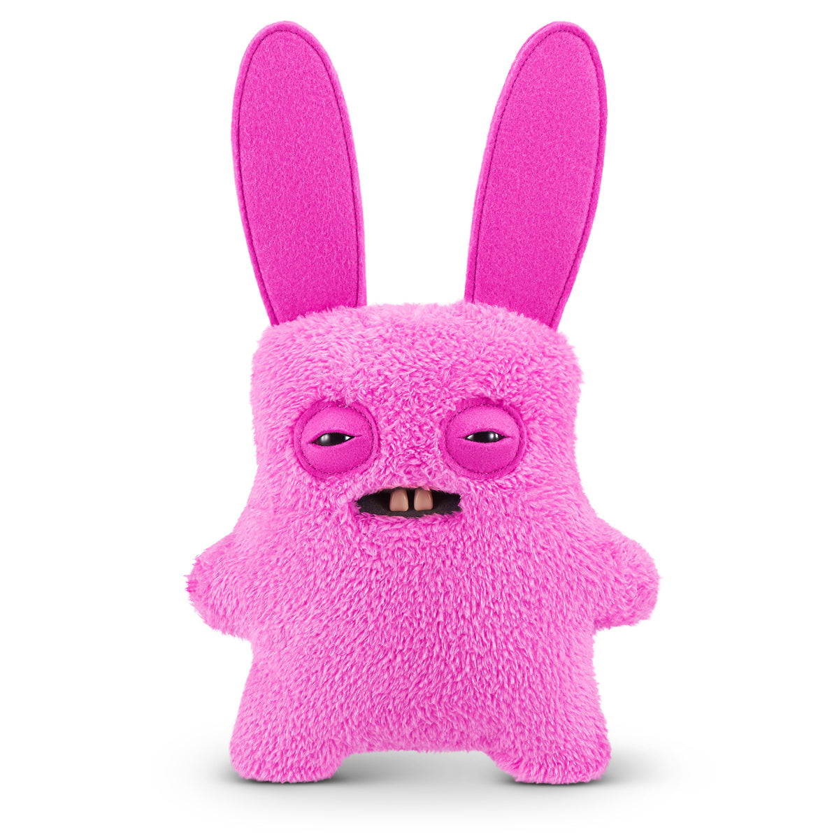 A 9-inch Fuggler Butt Ugly Pet (Rabid Rabbit Bunny) plush toy. It has shaggy, bright pink fur, long floppy pink ears, squinting stitched eyes, and a mouth with realistic human teeth.