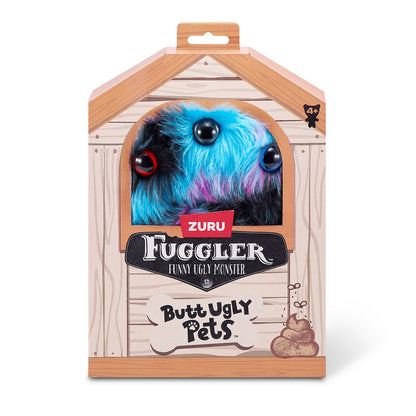 Fuggler toy packaging with A 9-inch Fuggler Butt Ugly Pet (Reek-O Black Cat) plush toy. It has shaggy blue, purple, and black fur, black cat ears, three eyes (one red, two blue), and a small mouth with realistic human teeth.