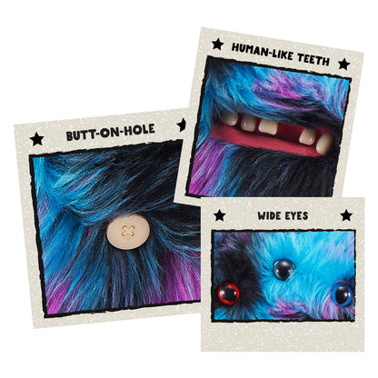 Three cards showing parts of A 9-inch Fuggler Butt Ugly Pet (Reek-O Black Cat) plush toy. It has shaggy blue, purple, and black fur, black cat ears, three eyes (one red, two blue), and a small mouth with realistic human teeth.
