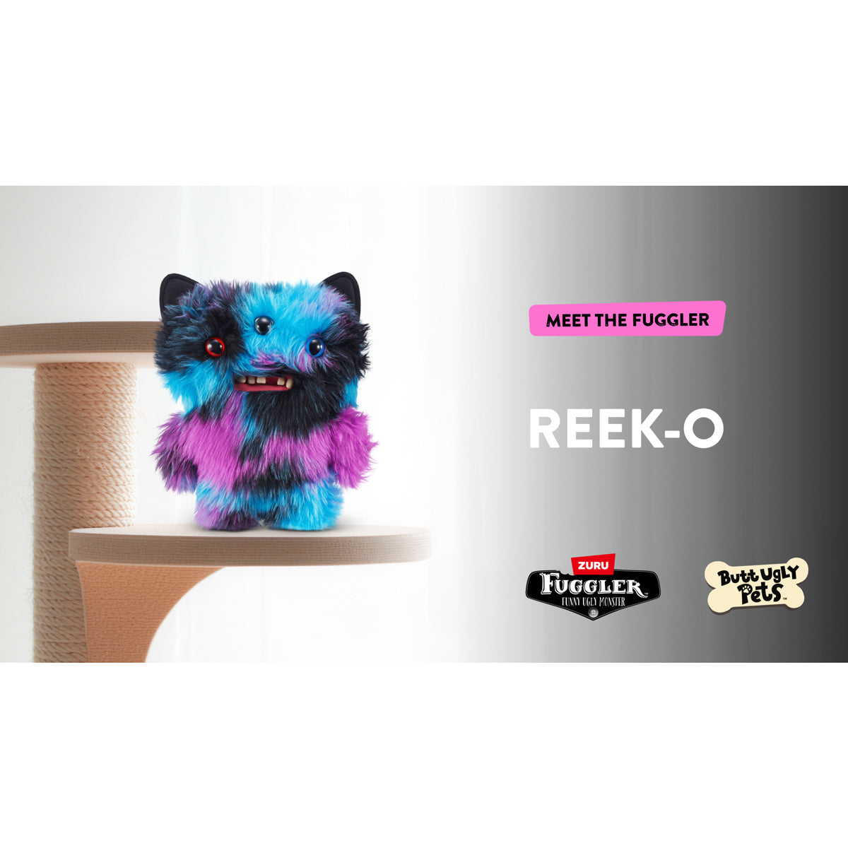 Colorful plush toy resembling a cat named 'Reek-O' on a white surface with 'Butt Ugly Pets' branding.