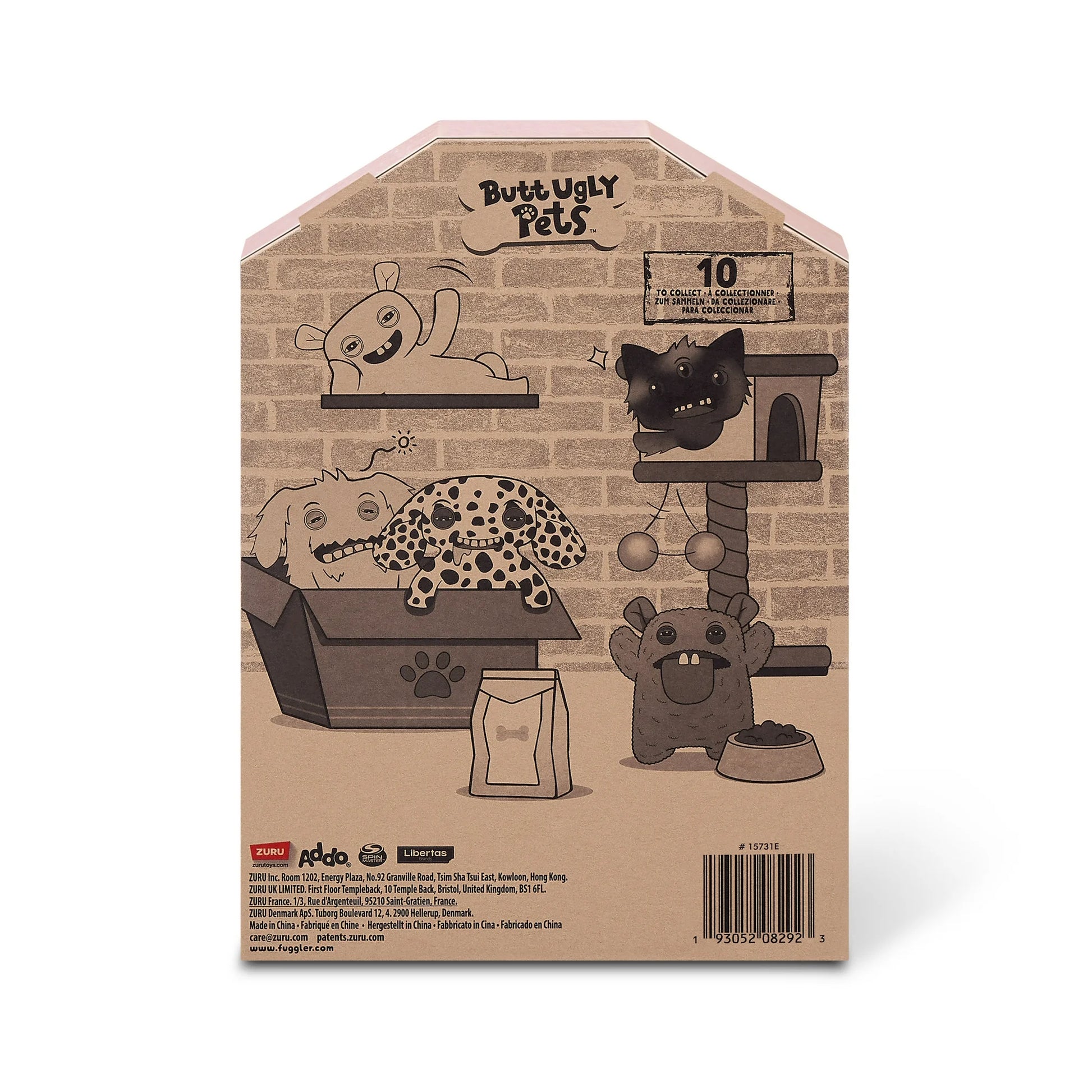 Back of display box for A 9-inch Fuggler Butt Ugly Pet (Reek-O Black Cat) plush toy. It has shaggy blue, purple, and black fur, black cat ears, three eyes (one red, two blue), and a small mouth with realistic human teeth.