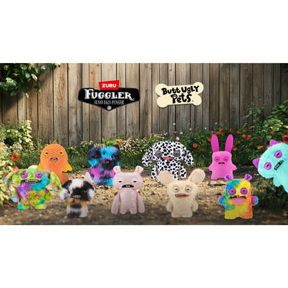 Collection of colorful plush toys with Zuru and Butt Ugly Pets branding in a garden setting.