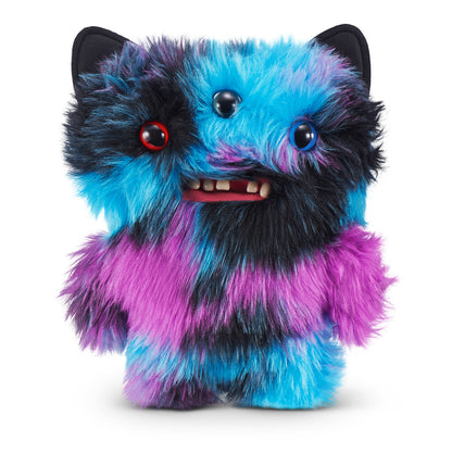 A 9-inch Fuggler Butt Ugly Pet (Reek-O Black Cat) plush toy. It has shaggy blue, purple, and black fur, black cat ears, three eyes (one red, two blue), and a small mouth with realistic human teeth.