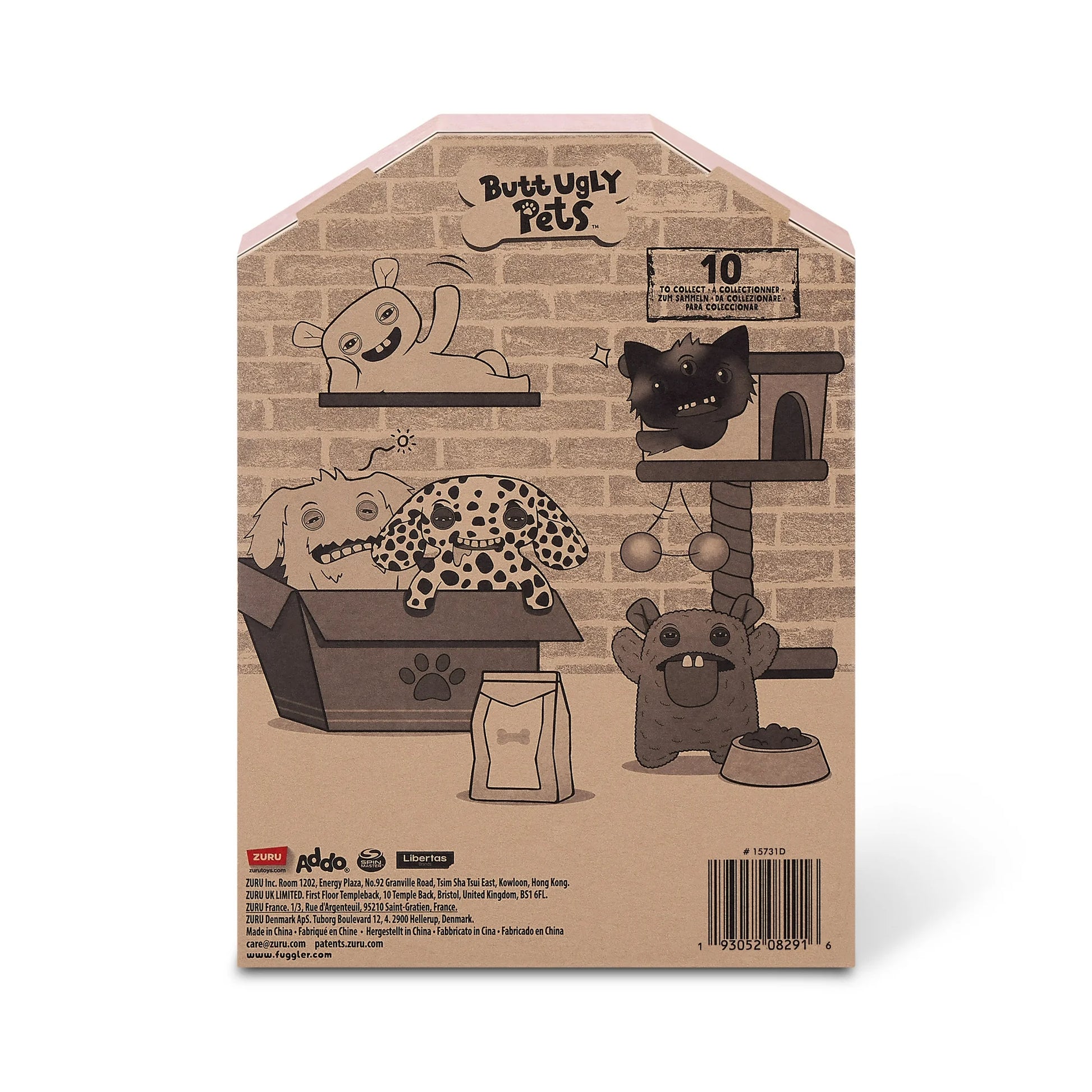 Back of display box for A 9-inch Fuggler Butt Ugly Pet (Uncladimir Tootin Hairless Rat) toy. It is made of smooth pink faux leather, with large rat ears, squinting stitched eyes, and two large human-like teeth.